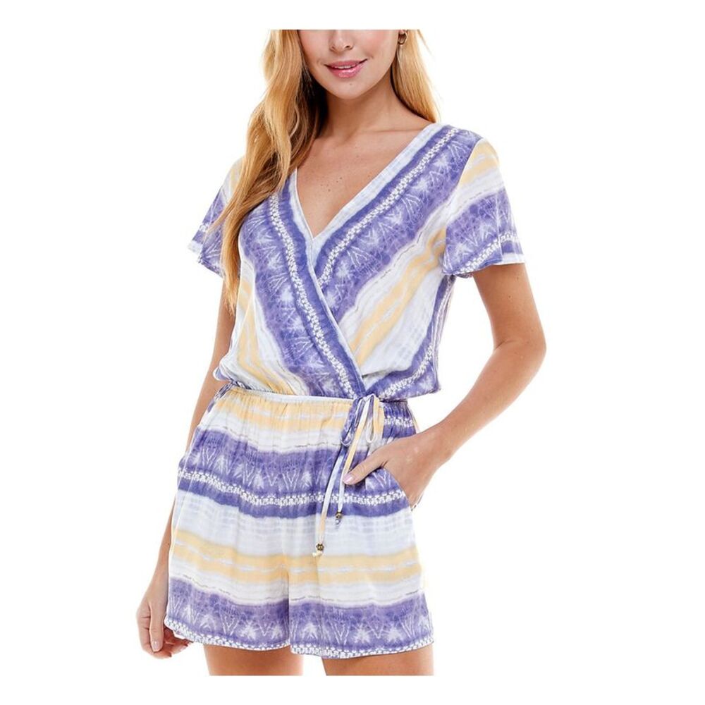 KINGSTON GREY Womens Tie Short Sleeve Surplice Neckline Romper
